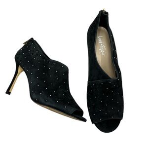 Lord & Taylor Black Suede Studded Genevive Peeptoe Heels Booties Size 7.5